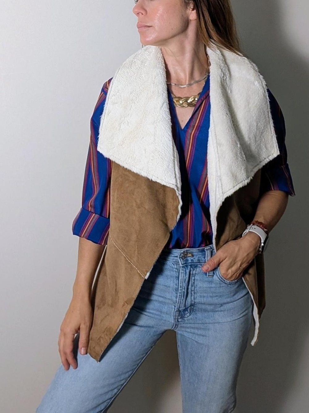 Me Jane Tan Faux Suede Vest with Cream Sherpa Collar